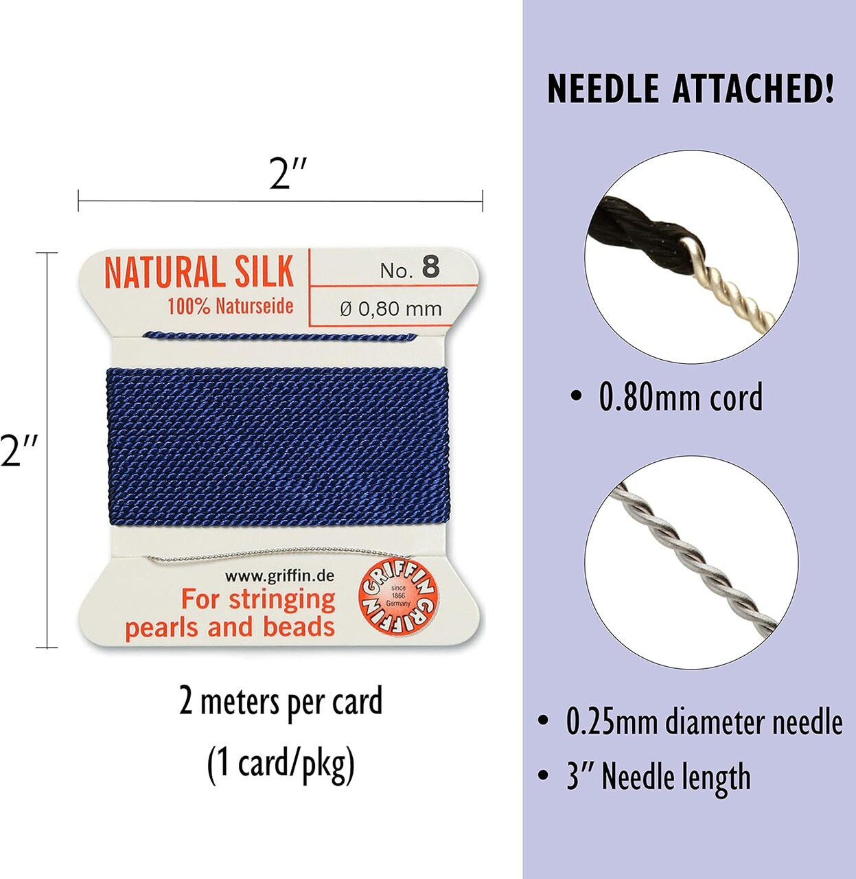 Griffin Silk Bead Cord Perlseide – Size 8 (0.80mm) – 2 Meters per Card – Stainless Steel Needle Attached – for Knotting Pearls, Gemstones, Crystals and Beads